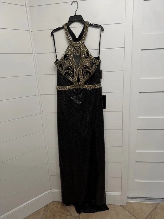 NEW Lucci Lu Women’s Black Gold Beaded Sequin Halter Gown Size 16 36295 - Picture 3 of 14